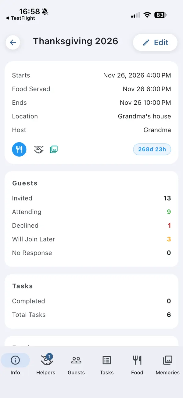 PlanningInSync event overview with guest totals for invited, attending, declined and will join later