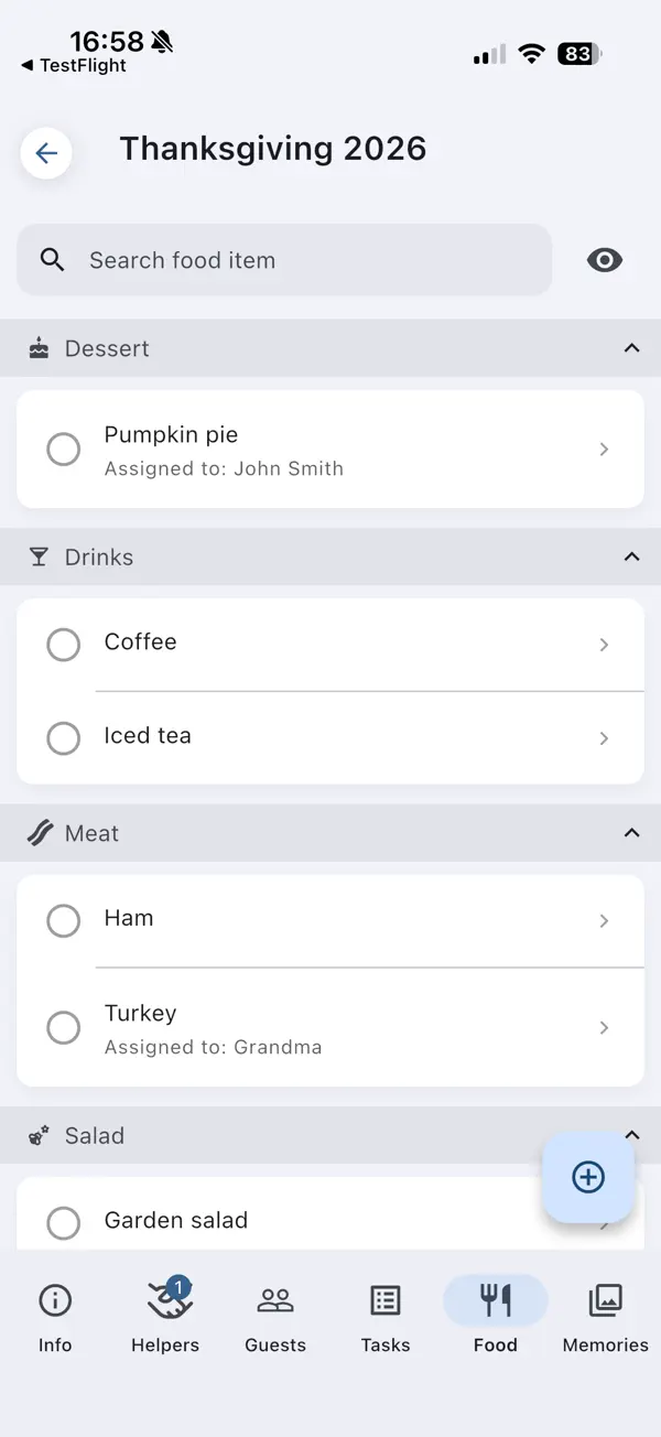 PlanningInSync potluck food list grouped into dessert, drinks, meat and salad, with each dish assigned to the person bringing it