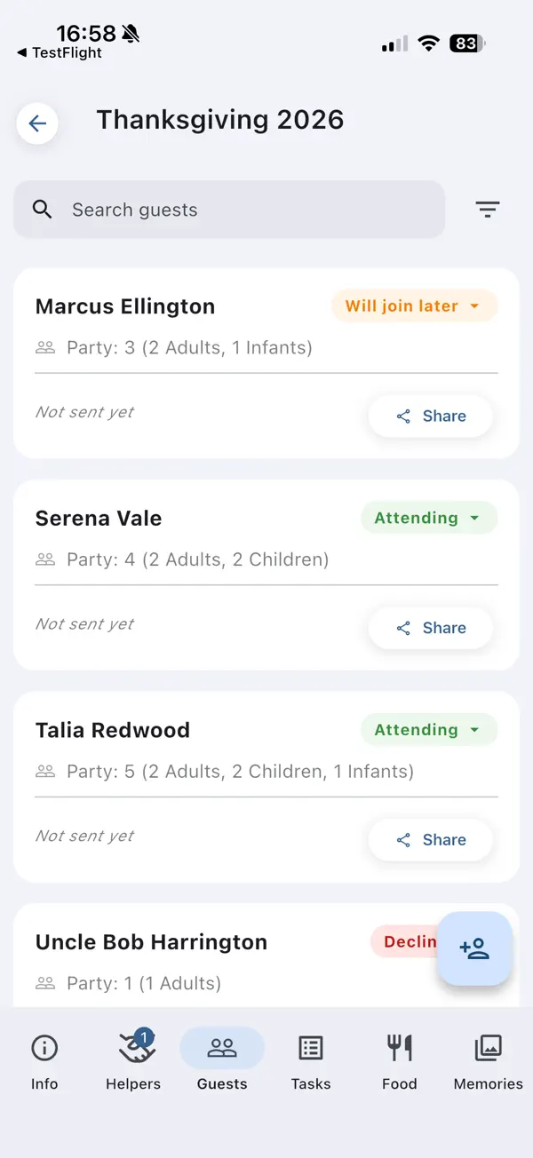 PlanningInSync guest list showing each guest's RSVP status and party size split into adults, children and infants