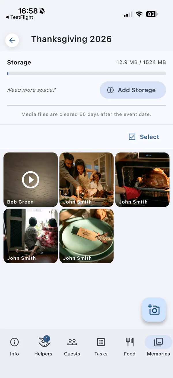 PlanningInSync shared photo and video gallery for an event, with uploads from several family members