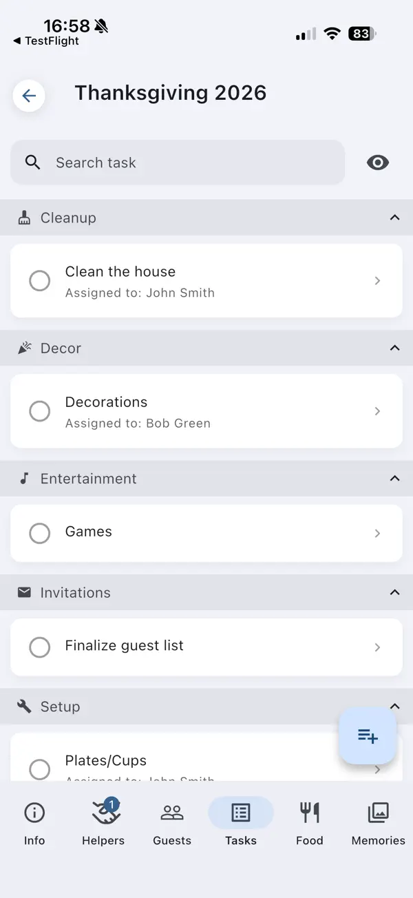 PlanningInSync task list with cleanup, decor, entertainment and setup tasks assigned to helpers